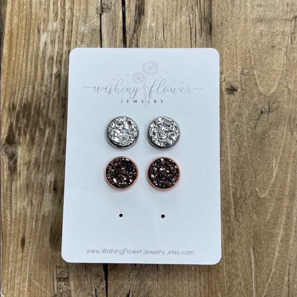 Metallic Druzy Stud Earring Set: Silver and Rose Gold (12mm) Set / 2
